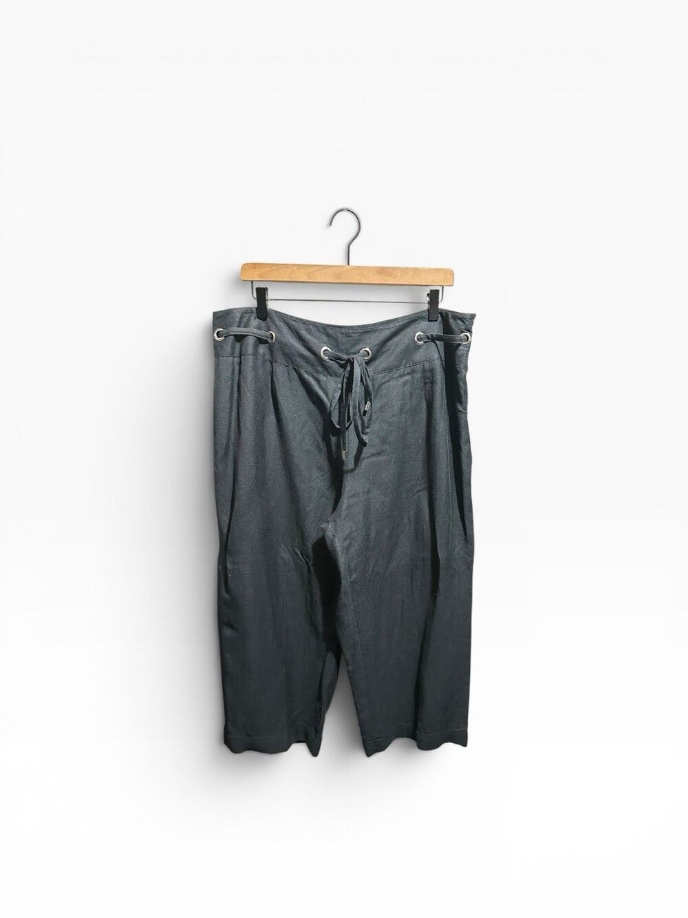 Y2K Pantology Linen Blend Pants Womens 18 Lagenlook Indie Cropped Black Culottes